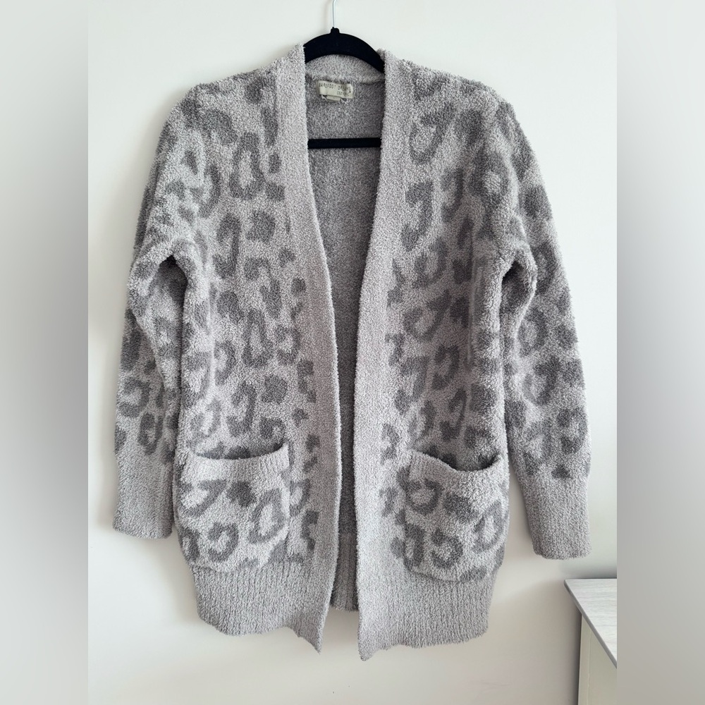 Barefoot Dreams Cozy Chic Leopard Cardigan Sweater Linen Warm Gray S - Picture 6 of 14